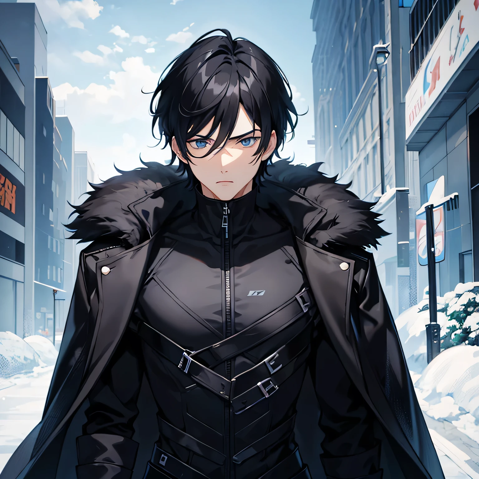 1Man, black hair, blue eyes, Lean body, Black coat 