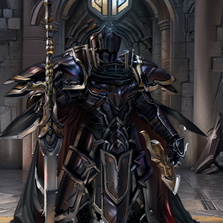 (masterpiece, best quality, detailed:1.2) BlackKnight_fe, Armor, Cape, Helmet, Sword,rd, shield, The cloak is black on both sides, Best Quality, super detailed illustration, castle ruin, Heroic pose The inside of the arm also wears armor, polished armor,
