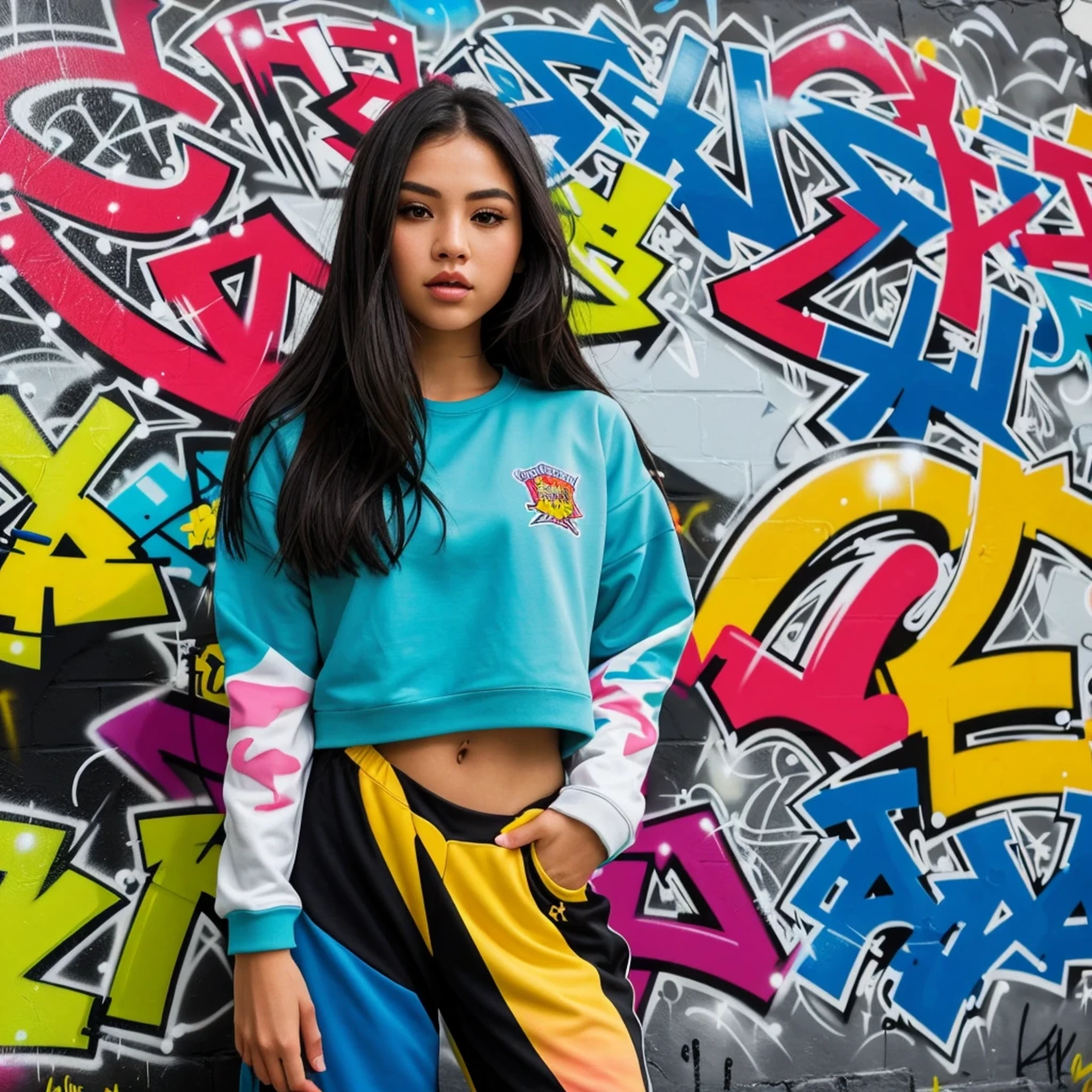 (best quality), masterpiece, extremely detailed CG uniform 8K illustration, high color, extremely high color saturation, all colors deepened, paint, graffiti art, center composition, extremely detailed light and shadow, graffiti wall, wall painted bright, 1 girl graffiti 1 girl looking at the wall, extremely detailed face and eyes, medium length hair, sportswear, colored clouds