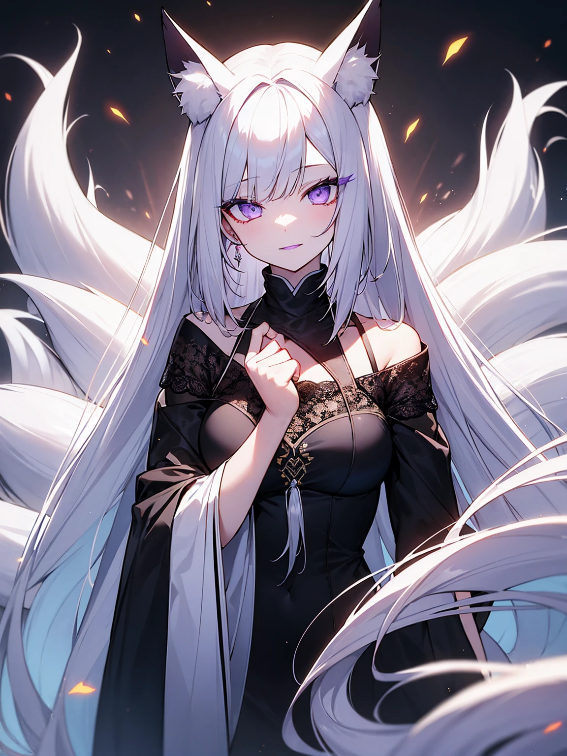 High resolution、highest quality、4K、bangs、Long white hair、Tattoos on the face、Slanted Eyes、Purple lipstick、Glowing yellow eyes、Pale skin、nine tailed fox、9The Fox's Tailを持つ少女、紫色のOiran、Oiran、Big white fox ears、Large Breasts、Cleavage、Bad Smile、attack、Blue Flame、指先からBlue Flame、Full moon night、Full Body、flying、topless、Super detailed、9The Fox's Tail