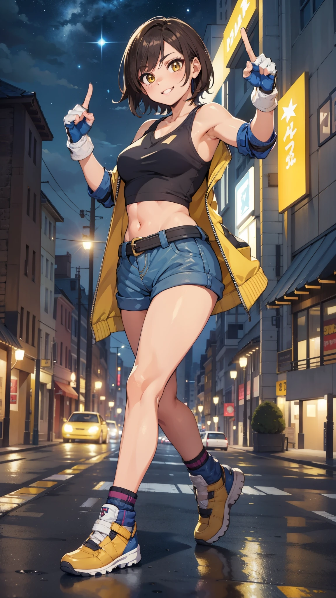 street dancer, short hair, brown hair, yellow glowing eyes, perfect lips,big smile , confident smile,cute expression, cute face, cute pose, fingerless gloves, gun, tank top, jacket, cute pose, ultra detailed face, long eyelashes, sharp eyes , Fullbody shot, dinamic viewer, night sky