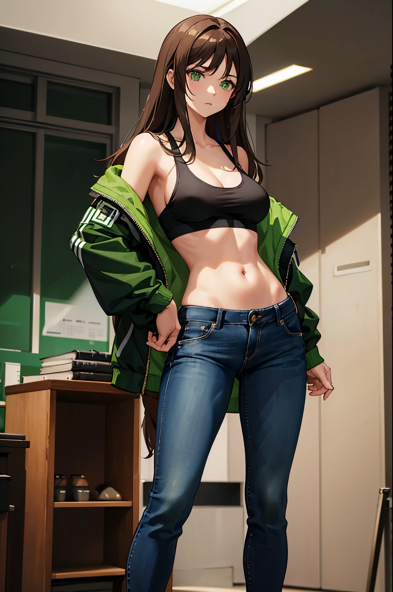 A 14 year old girl with dark brown hair, green eyes, open jeans jacket without pants and below a very sexy and exciting black bikini and a room in the background