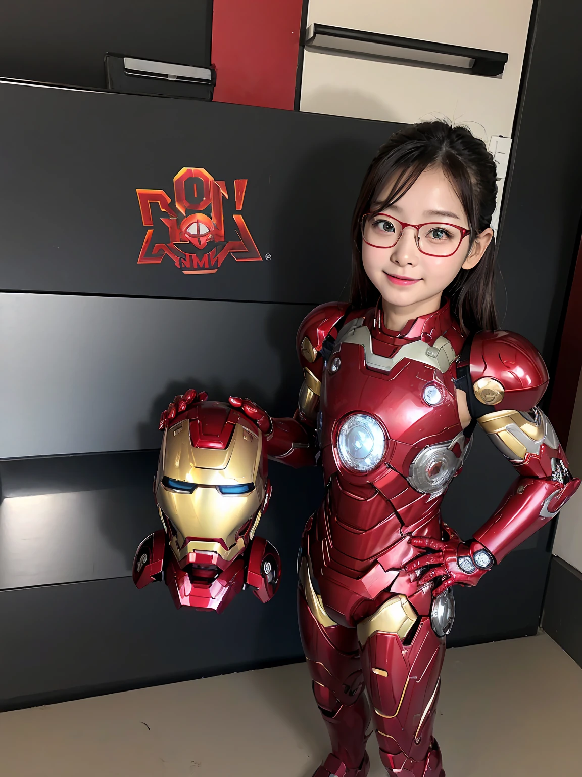 Iron Man Armor、Iron Man Mask、M-shaped feet、Kindergarteners、Elementary school girl　girl, Hyperrealism, Super Detail, high quality, Anatomically correct, 16K, High resolution, Textured skin、Chiquita、、Glasses、Sweaty、Red and black clothing colors