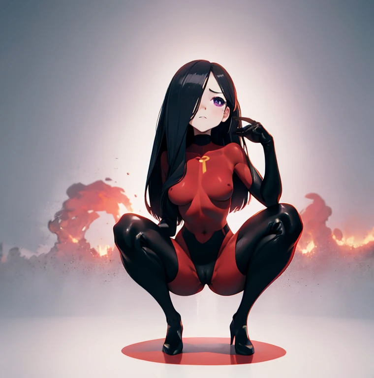 (full body),masterpiece, highest quality, One girl, Violet Par, Long Hair, Black Hair, Hair on one eye, (Red hero suit),Red bodysuit,black elbow gloves,Black Thigh Boots,Thick thighs,Place one hand on hip,Squat,Spread your legs,View your viewers, Looking down,From below,Low - Angle,Face to endure humiliation, Simple Background