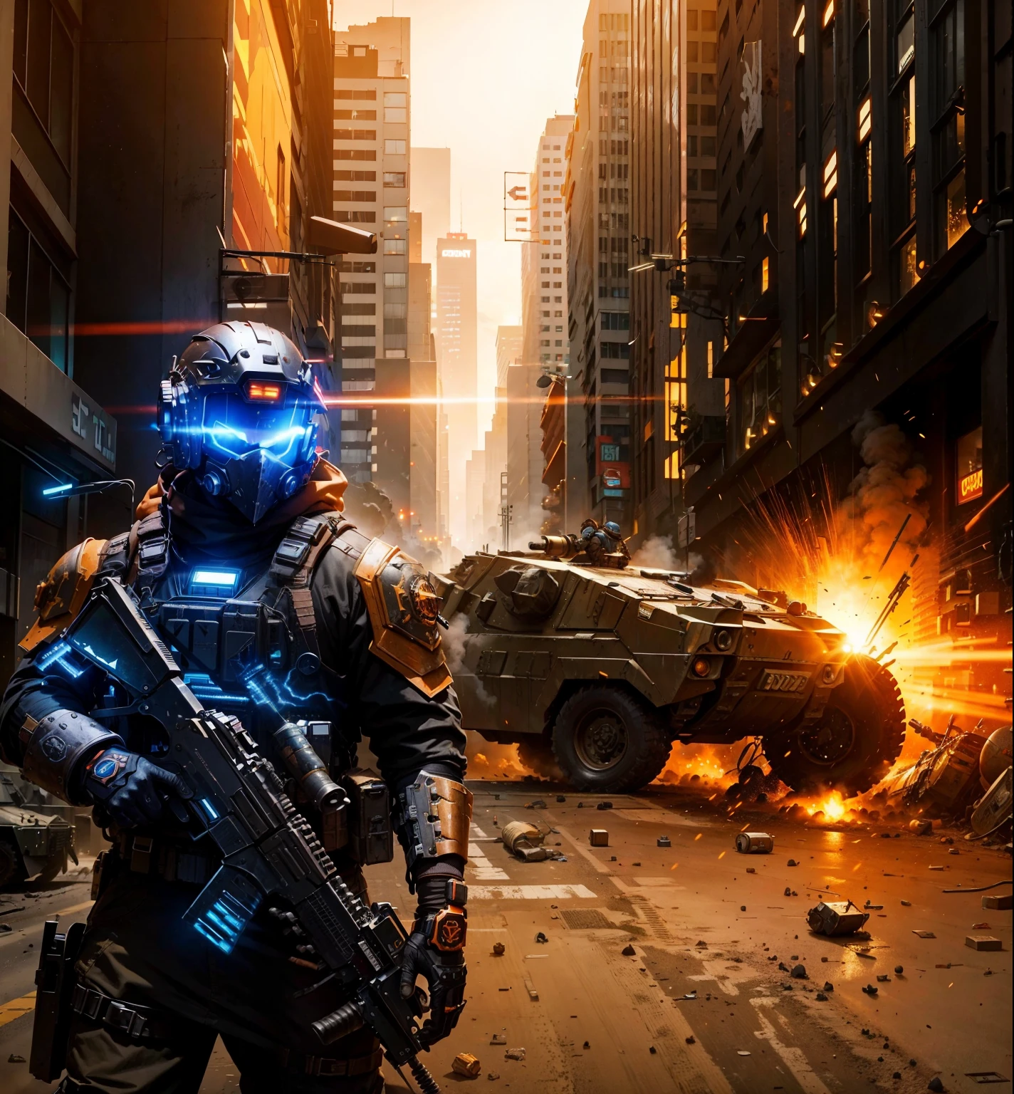 A cyberpunk warrior holding his weapon is in front of an heavy armored vehicle in a business street full of empty buildings, a bomb explodes behind the armored vehicle spreading waste everywhere the atmosfere is mainly orange color with the sun high in the sky
