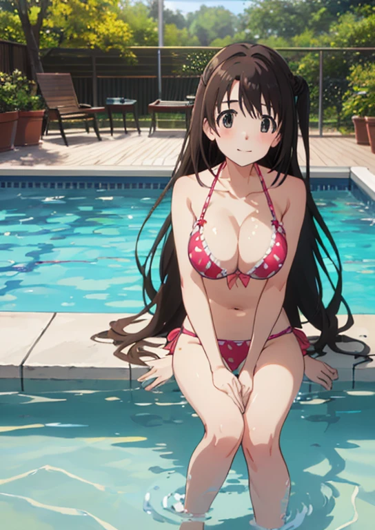 Mirai Kasuga, (highest quality, 8k, masterpiece, Very detailed:1.2), (Lens flare, Particles of light, Shine), Big Breasts, smile, Open your mouth, masterpiece, highest quality, Very detailed, High resolution, Very detailedなCG, (Official Art), Pink Bikini , (Spread your legs),Lift your legs, (Embarrassing:1.1), (blush:1.2), Open your mouth, (shout:1.1), (Moving lines:1.1),  Midsummer Pool