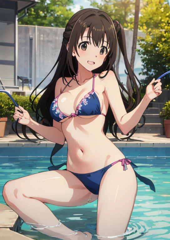 Mirai Kasuga, (highest quality, 8k, masterpiece, Very detailed:1.2), (Lens flare, Particles of light, Shine), Big Breasts, smile, Open your mouth, masterpiece, highest quality, Very detailed, High resolution, Very detailedなCG, (Official Art), Pink Bikini , (Spread your legs),Lift your legs, (Embarrassing:1.1), (blush:1.2), Open your mouth, (shout:1.1), (Moving lines:1.1),  Midsummer Pool