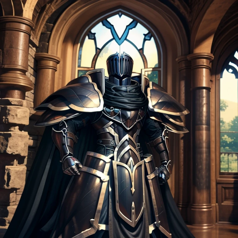 (masterpiece, best quality, detailed:1.2) BlackKnight_fe, Armor, Cape, Helmet, Sword,rd, shield, The cloak is black on both sides, Best Quality, super detailed illustration, castle ruin, Heroic pose The inside of the arm also wears armor, polished armor,