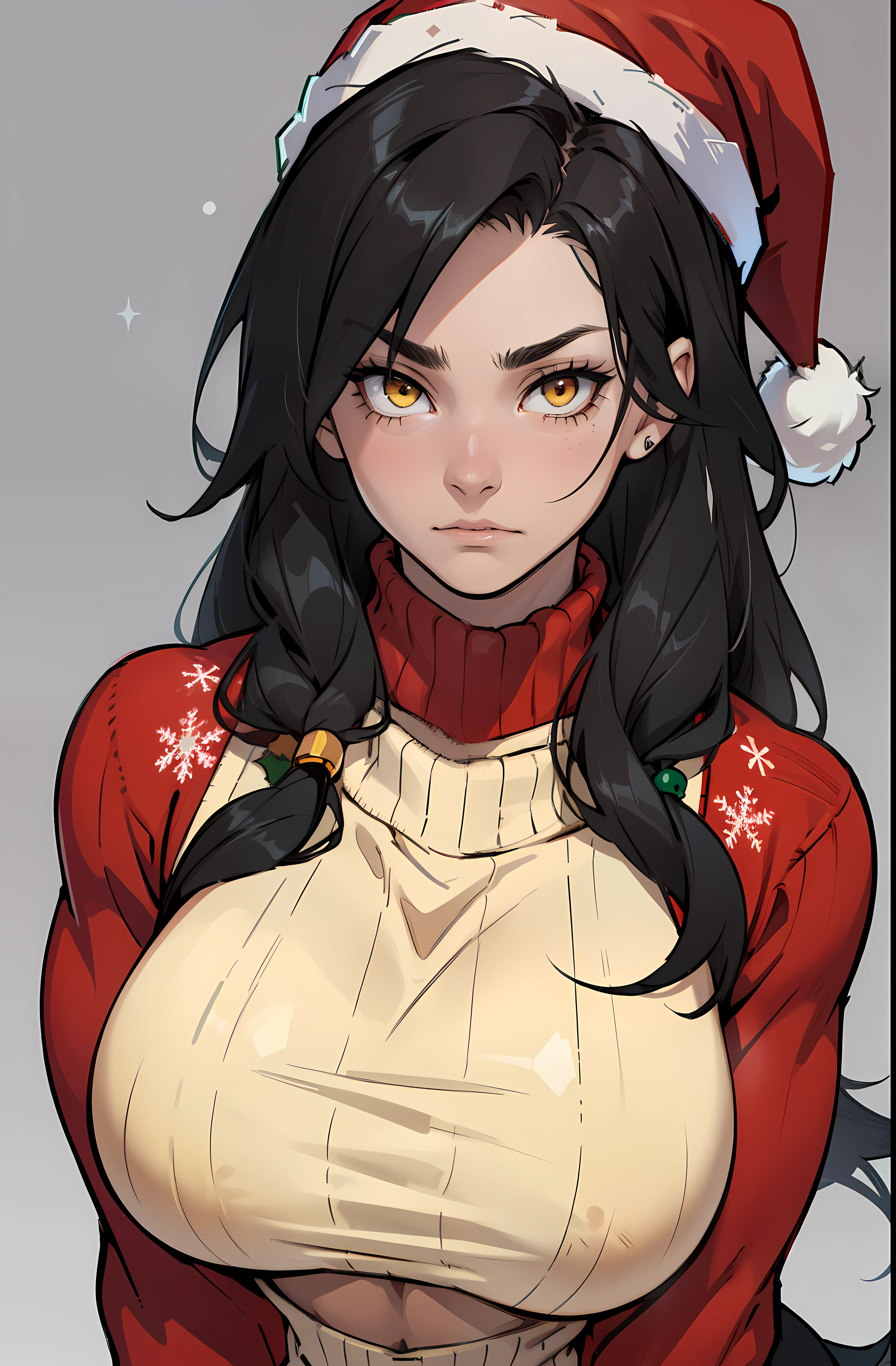 (sad) grey background, solo, (((1 girl))), very long hair, black hair, yellow eyes, ((muscular)), huge tits, pale skin, slick hair, (christmas sweater santa hat) close up