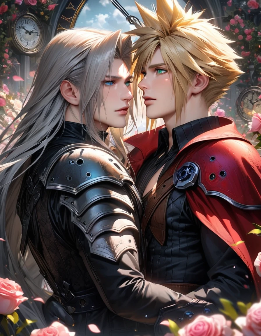 absurdres, highres, ultra detailed, HDR, masterpiece, extremely detailed face and eyes, realistic face, Cloud Strife, blond hair, expressive blue eyes, Final Fantasy 7 remake, Sephiroth, grey long hair, expressive green eyes, two men together, gay couple, handsome, black clothes, red cape, patterns, pink roses, blossoms, petals, in wonderland, clock