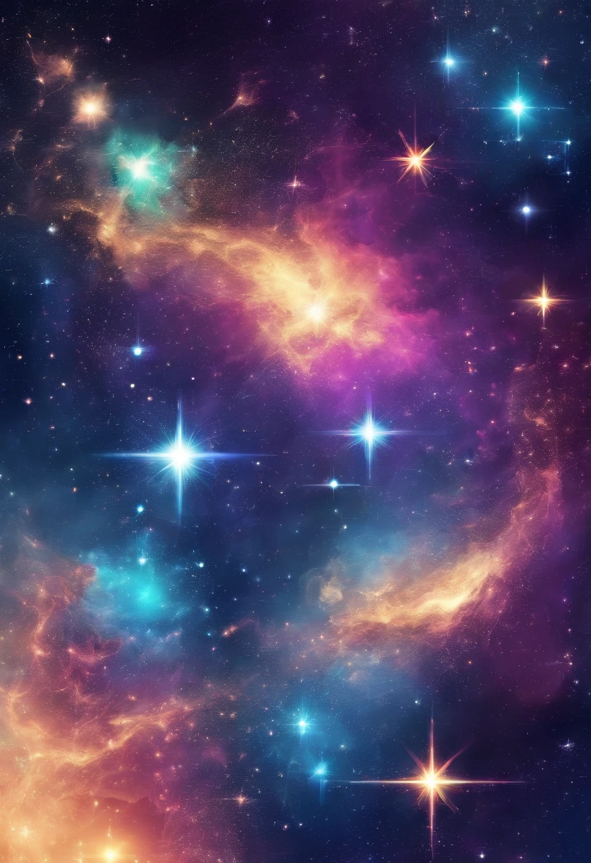 Eight Stars，Gold, silver and iridescent glitter，Exquisite gradation，Otherworldly atmosphere，fantastic，A masterpiece．