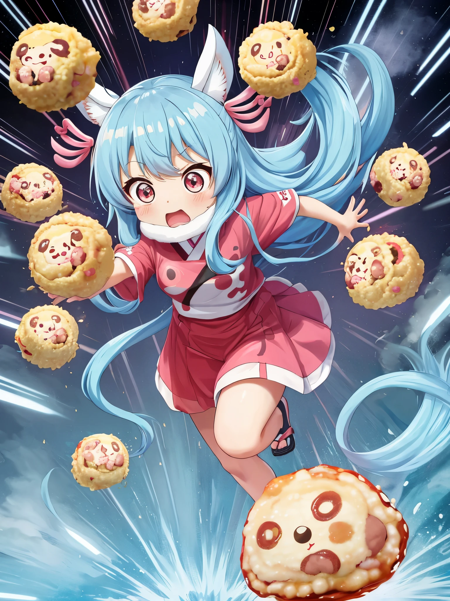 A big, big takoyaki is running、Light blue long hair、Twin-tailed Chibi Character、Surprised face、Chasing the Takoyaki