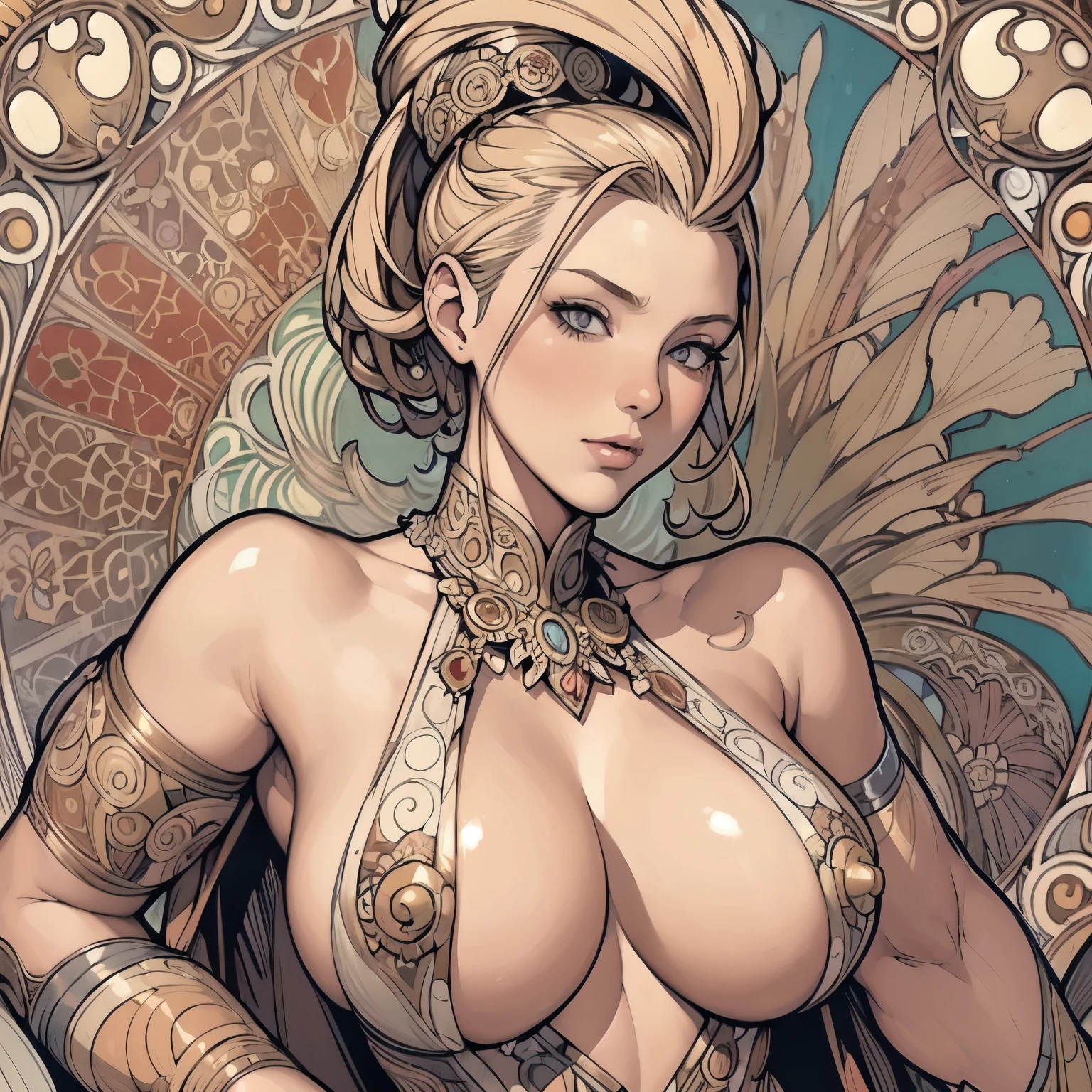 ((Detailed face)),((Mucha's style)),(vulgar),(portrait),((African woman)),Tits that are too big,blond hair,pompadour,(arms behind back:1.2),((addiction to sex))((light-armed man warrior)), half sticking out of clothes,(high position:1.6)