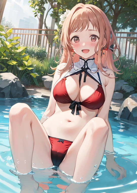 Mirai Kasuga, (highest quality, 8k, masterpiece, Very detailed:1.2), (Lens flare, Particles of light, Shine), Big Breasts, smile, Open your mouth, masterpiece, highest quality, Very detailed, High resolution, Very detailedなCG, (Official Art), Red Bikini , (Spread your legs),Lift your legs, (Embarrassing:1.1), (blush:1.2), Open your mouth, (shout:1.1), (Moving lines:1.1), Midsummer Pool