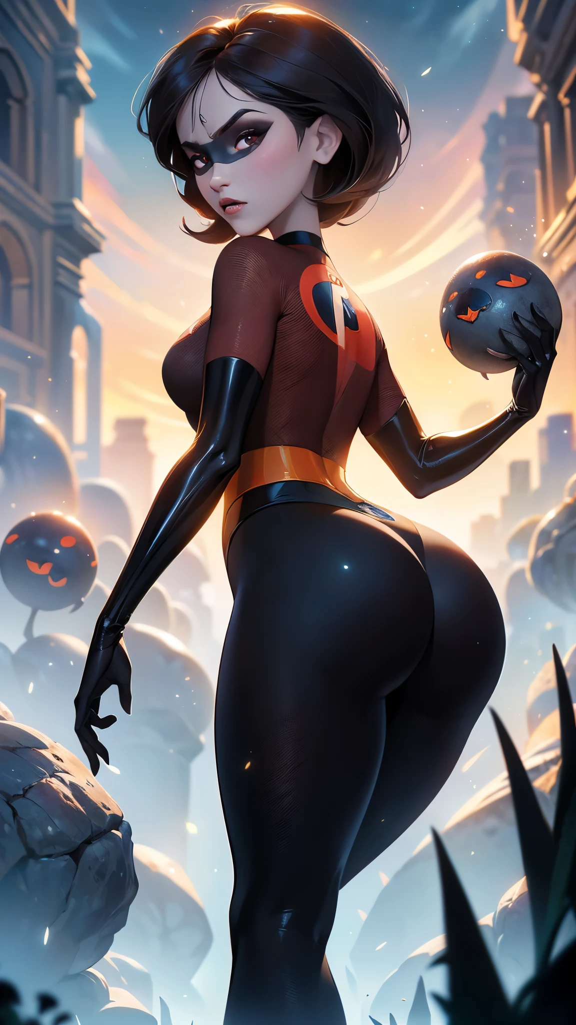 (La mejor calidad,A high resolution,Ultra - detallado,actual),Helen Parr con un BodySuit rojo con negro , (domino maskca:1.4 ), beautiful short brown, ,(Fondo de ruinas de mazmorra en ruinas:1.4 ), (Detalles de la cara: 1.5, ojos azules brillantes, hermoso rostro, ojos bonitos, Contorno del iris, labios delgados: 1.5, Thin, sharp pale eyebrows, Long, dark eyelashes, double tabs),(Helen Parr :1.4),( Helen Parr V2.1), (dynamic pose), (the incredibles), (no mutaciones), (fondo caverna piedras grandes:1.4),(Fondo de ruinas de mazmorra en ruinas:1.4 ),( colores brillantes), (Obra maestra: 1.4), (8K, realista, foto cruda, La mejor calidad: 1.4),(rear view, backside view),