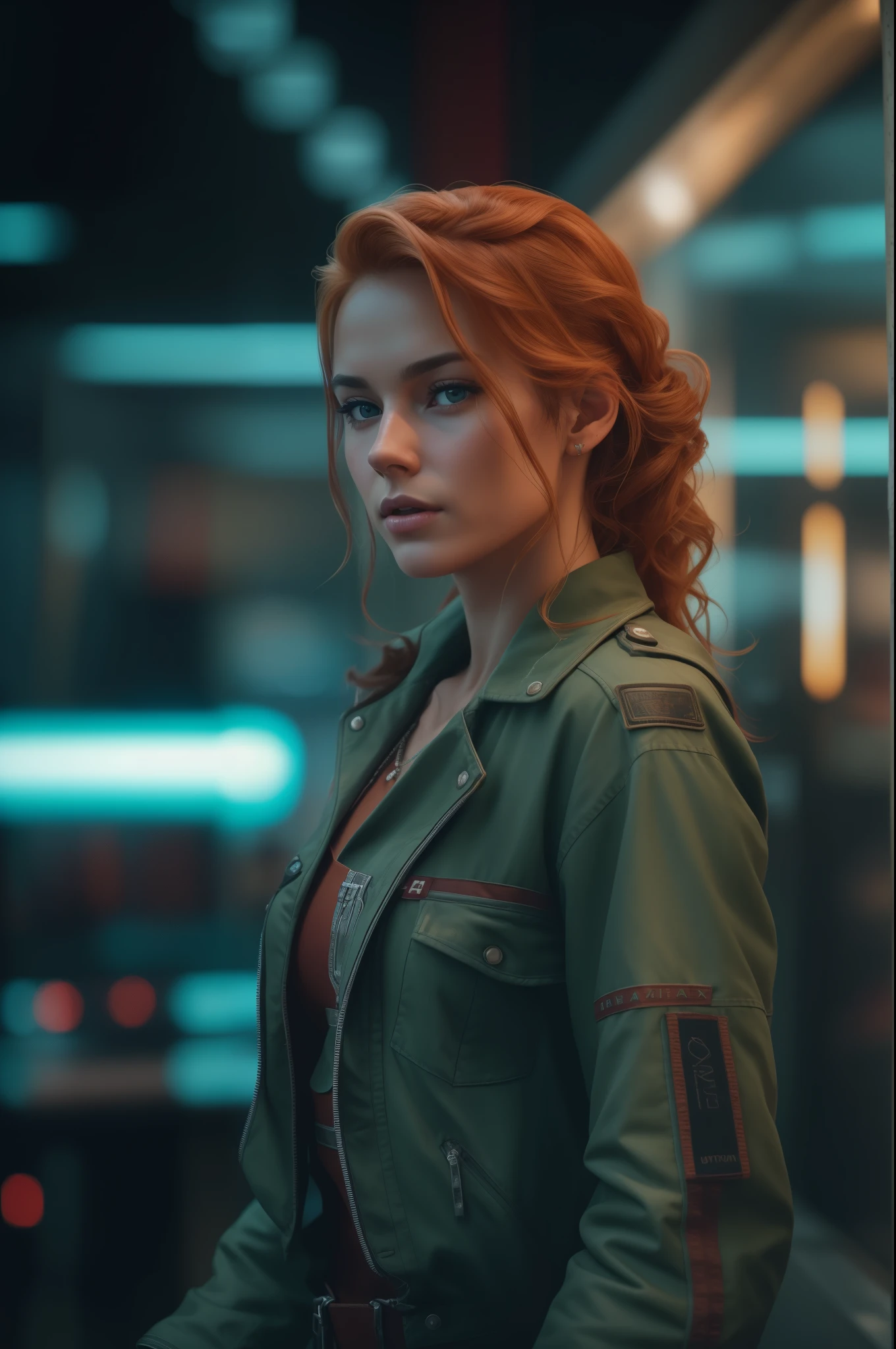 Full face portrait photo of a 25-year-old European girl, RAW, beautiful woman, semi-open strawberry lips, dimples, wistful look, (extra-long wavy red-blond hair), ((detailed face)), ((detailed facial features)), (finely detailed skin), tanned skin, (deep neckline detailed high-tech cyberpunk dress), cyberpunk megacity environment, (cool colors), damp, damp, reflections, (masterpiece) (perfect proportion)(realistic photo)(best quality) (detailed) shot on a Canon EOS R5, 50mm lens, F/2.8, HDR, (8k) (wallpaper) (cinematic lighting) (dramatic lighting) (sharp focus) (intricate), RAW photo, RAW photo, gigachad photo, posing for camera, black jeans, back arms, 8k uhd, dslr, high quality, grain film, Fujifilm XT3, film stock photography 4 kodak portra 400 camera f1.6 lens rich colors hyper realistic texture dramatic lighting unrealengine trend in artstation cinestill 800 tungsten, toughboy style, ultra focus face, intimidating, in fighting position, short messy hair, muscular, bursting veins, beaded