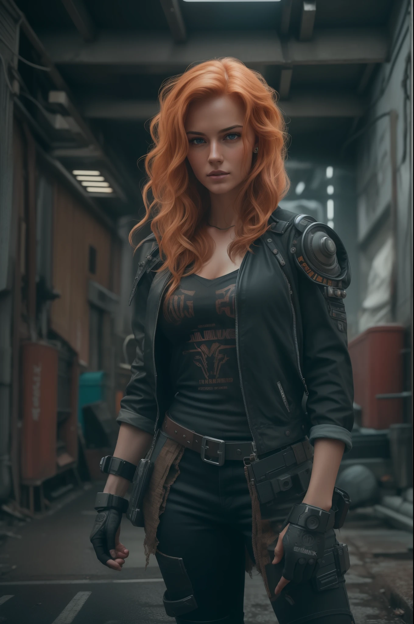 Full face portrait photo of a 25-year-old European girl, RAW, beautiful woman, semi-open strawberry lips, dimples, wistful look, (extra-long wavy red-blond hair), ((detailed face)), ((detailed facial features)), (finely detailed skin), tanned skin, (deep neckline detailed high-tech cyberpunk dress), cyberpunk megacity environment, (cool colors), damp, damp, reflections, (masterpiece) (perfect proportion)(realistic photo)(best quality) (detailed) shot on a Canon EOS R5, 50mm lens, F/2.8, HDR, (8k) (wallpaper) (cinematic lighting) (dramatic lighting) (sharp focus) (intricate), RAW photo, RAW photo, gigachad photo, posing for camera, black jeans, back arms, 8k uhd, dslr, high quality, grain film, Fujifilm XT3, film stock photography 4 kodak portra 400 camera f1.6 lens rich colors hyper realistic texture dramatic lighting unrealengine trend in artstation cinestill 800 tungsten, toughboy style, ultra focus face, intimidating, in fighting position, short messy hair, muscular, bursting veins, beaded