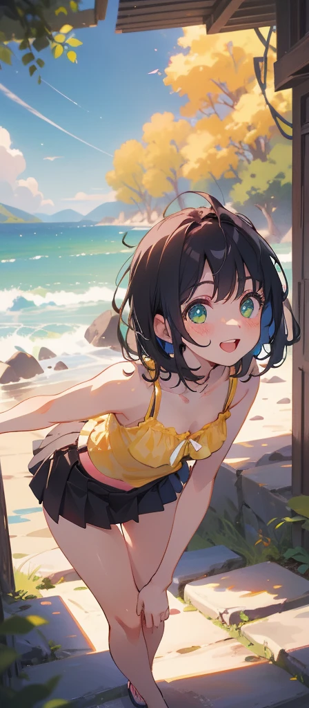 (masterpiece), (highest quality), Ultra-high resolution, Sharp focus, ((1 female, alone)), whole Body, Photo profile shots, Beautiful detailed hair, Chestnut Hair, Fluffy short bob hair, yellow camisole, Black mini skirt, Beautifully detailed face, ((Beautifully shaped eyes, Green Eyes)), Perfect feminine face, Comfortable face, View Viewer, smile, Open your lips, sea in the morning clouds, meteor, Comfortable clothing for cloudy days, leaning forward pose, sexy