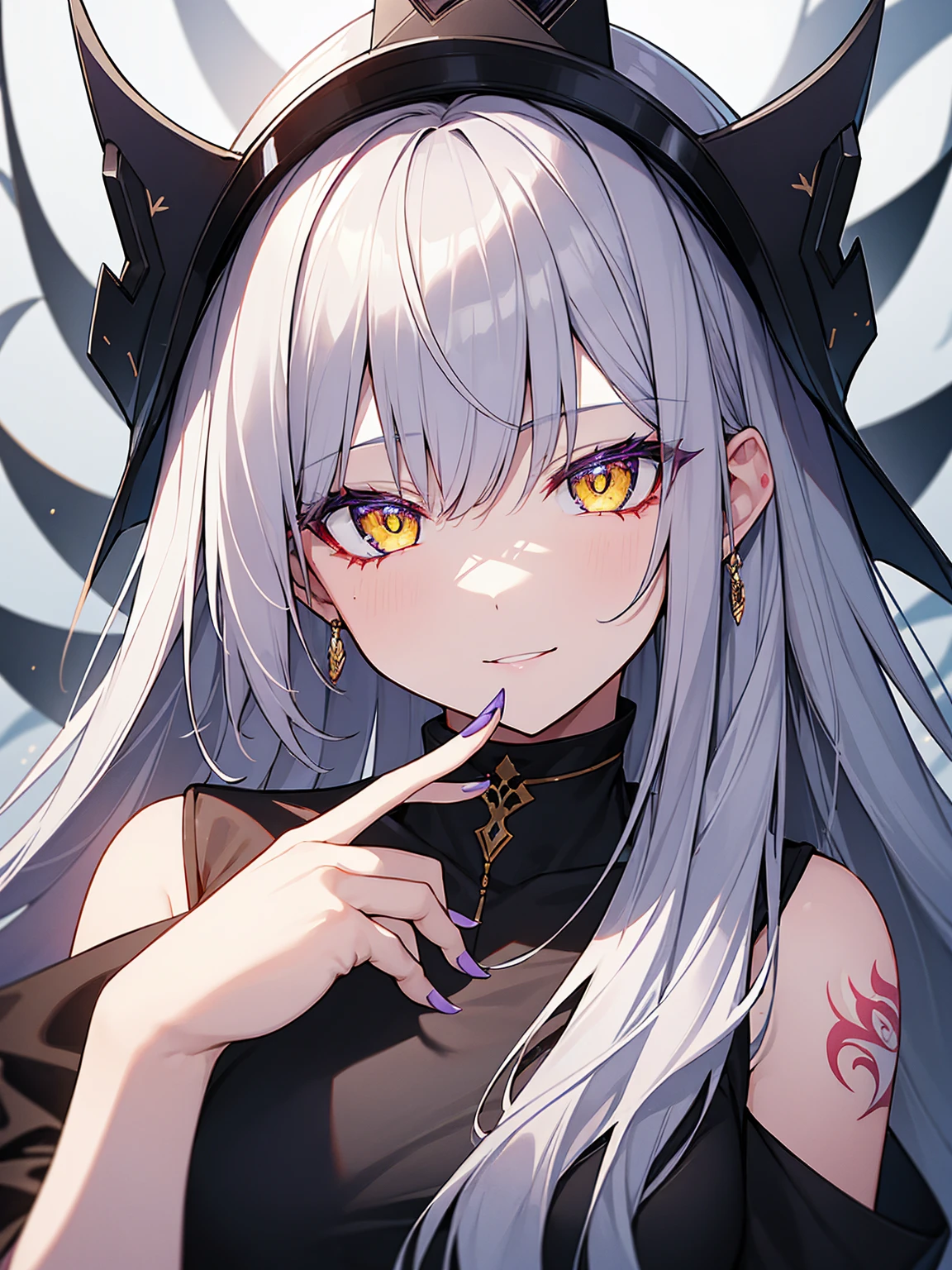 High resolution、highest quality、4K、Gray Hair、bangs、長いGray Hair、Tattoos on the face、Slanted Eyes、Purple lipstick、Glowing yellow eyes、Pale skin、nine tailed fox、9The Fox's Tailを持つ少女、Purple Oiran、Big white fox ears、Large Breasts、Cleavage、Ruthless smile、smug face、Aggressive、Blue Flame、指先からBlue Flame、Full moon night、Full Body、flying、Super detailed、9The Fox's Tail