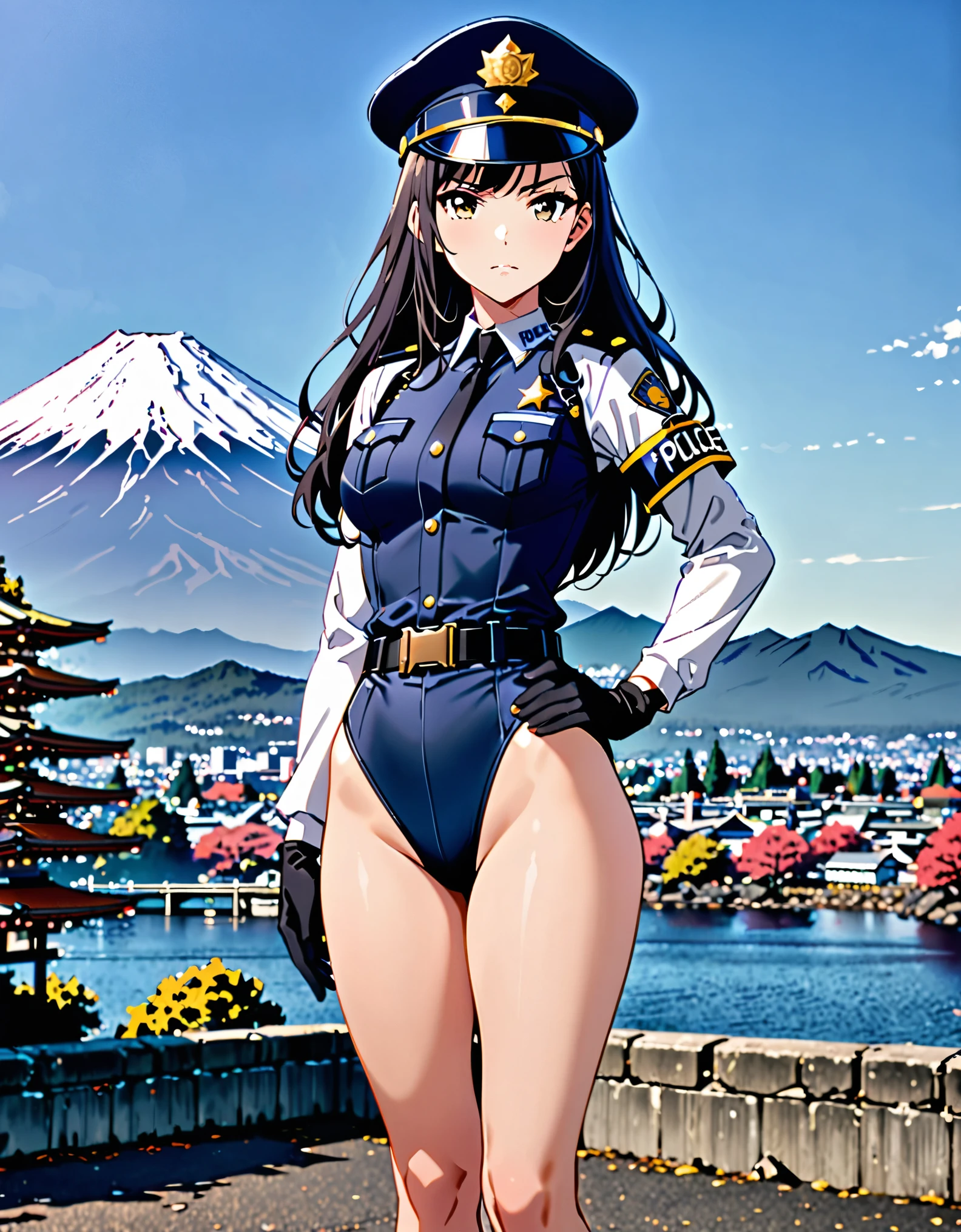 (masterpiece), (best quality), (high res),1girl, tall body, ((long hair, jet black hair)), (hazel eyes) beautiful detailed eyes, beautiful detailed face, cute face, perfect hands, complete fingers, perfect , perfect proportions, ((hat, black police hat)), ((leotard, matching leotard,  legs)), ((boots, matching boots)), , , fingerless gloves, (full body portrait), looking at viewer, solo, solo focus, standing, police uniform, cowboy shot, mount fuji backdrop, outdoors, (belt, tight belt), (armbands, white sleeves), one hand on hip, serious, full body costume design.