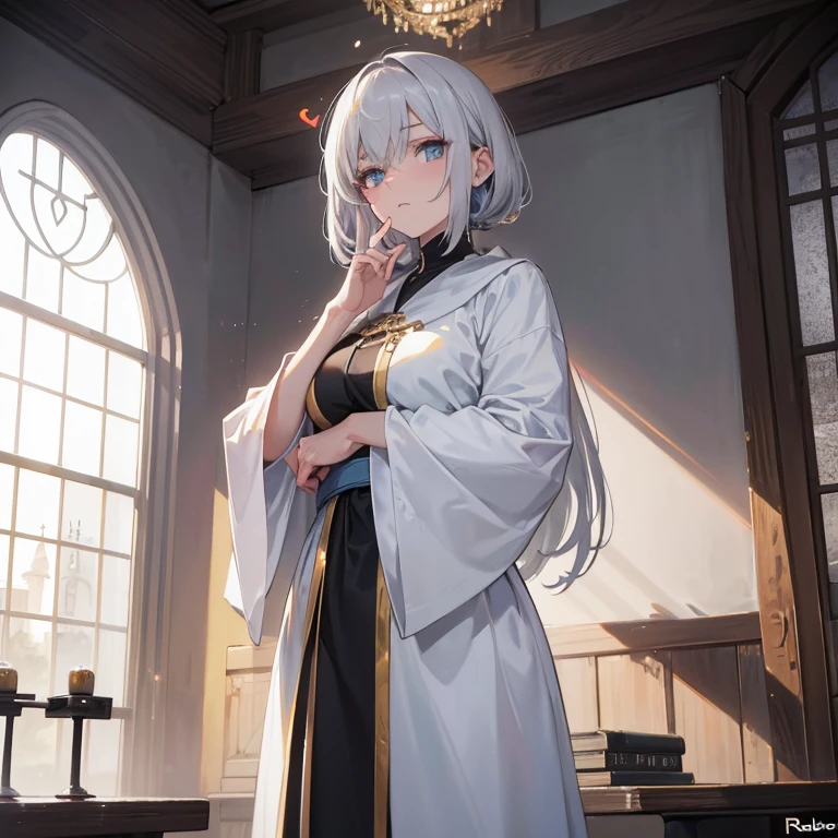 obras maestras, 8k, ultra high definition, Primero, ropa, elegant pose, mano, monja, velo blanco, pelo gris, glare, (rubor: 1.5), boca abierta, lamiendo el dedo, Eyes of the heart, Asesinato