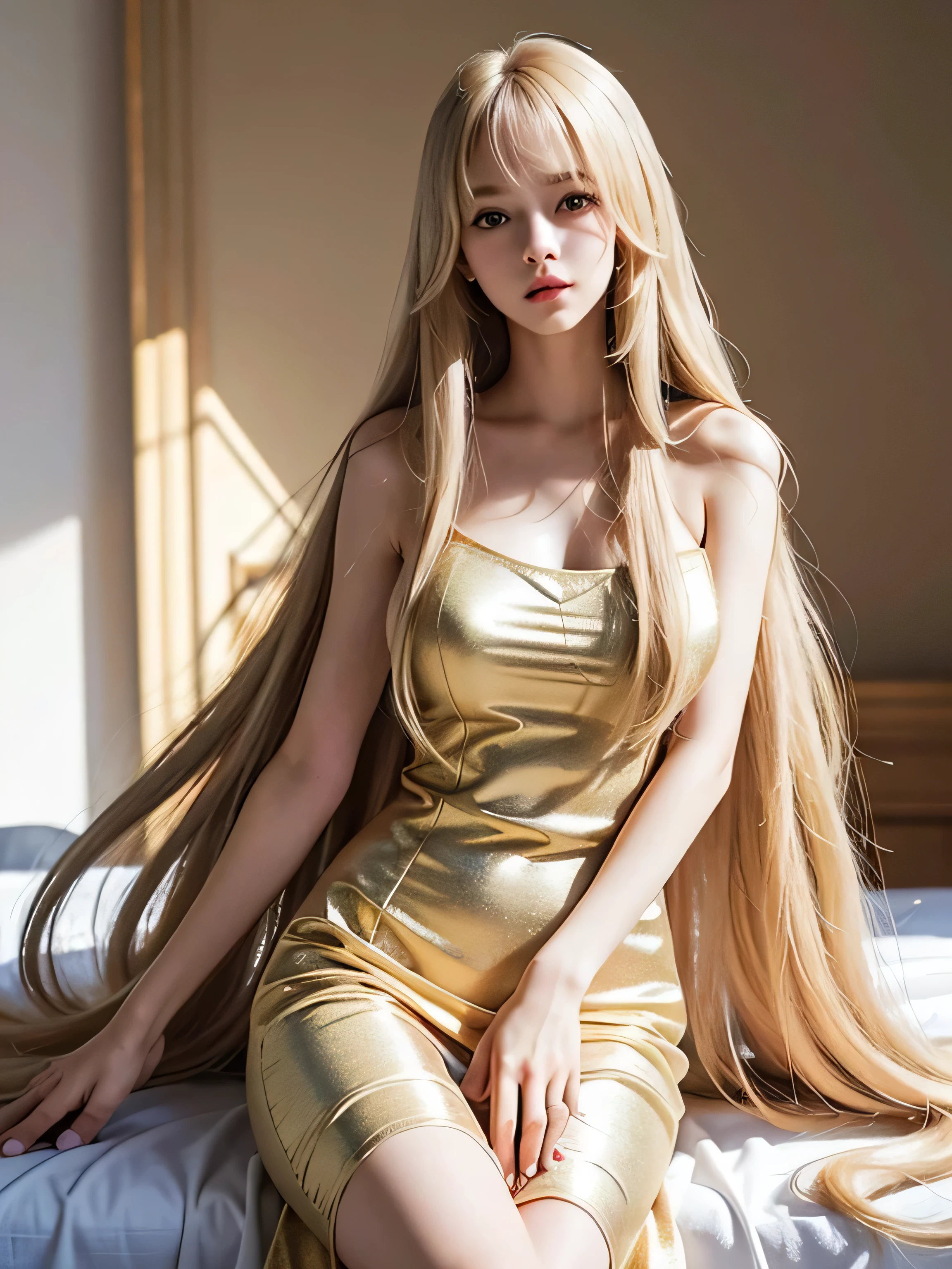 ultra high resolution、super high quality、8k、Detailed details、great expression、1 female、Tall and slender woman、long brown curly hair、With luxurious hair ornament、White see-through dress with gold embroidery、luxury hotel dance party background、