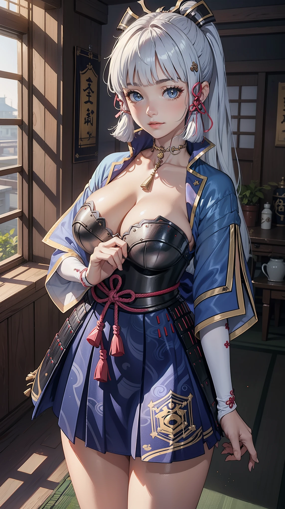 Masterpiece, ultra detail, high quality, 8k cg, (huge breasts), kamisatoayakadef, blush, bright eyes, standing, indoors, slim body, narrow waist, upper body, crossed arms poses