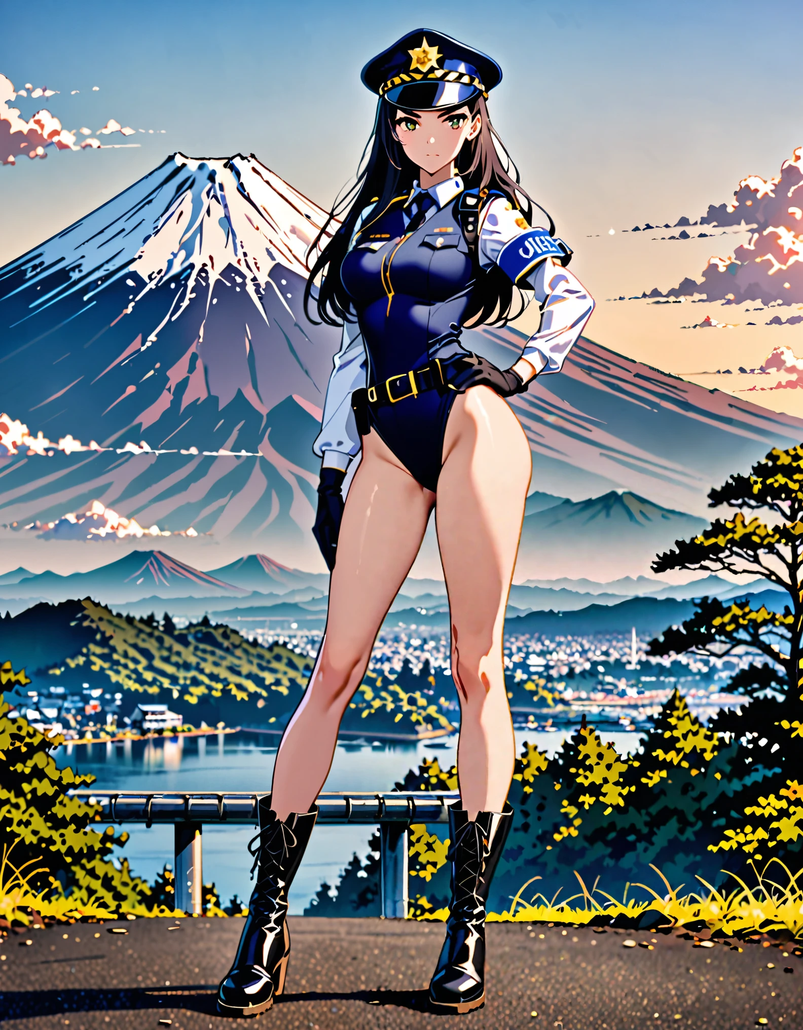 (masterpiece), (best quality), (high res),1girl, tall body, ((long hair, jet black hair)), (hazel eyes) beautiful detailed eyes, beautiful detailed face, cute face, perfect hands, complete fingers, perfect anatomy, perfect proportions, ((hat, black police hat)), ((leotard, matching leotard, bare legs)), ((boots, matching boots)), breasts, medium breasts, fingerless gloves, (full body portrait), looking at viewer, solo, solo focus, standing, police uniform, cowboy shot, mount fuji backdrop, outdoors, (belt, tight belt), (armbands, white sleeves), one hand on hip, serious, full body costume design.