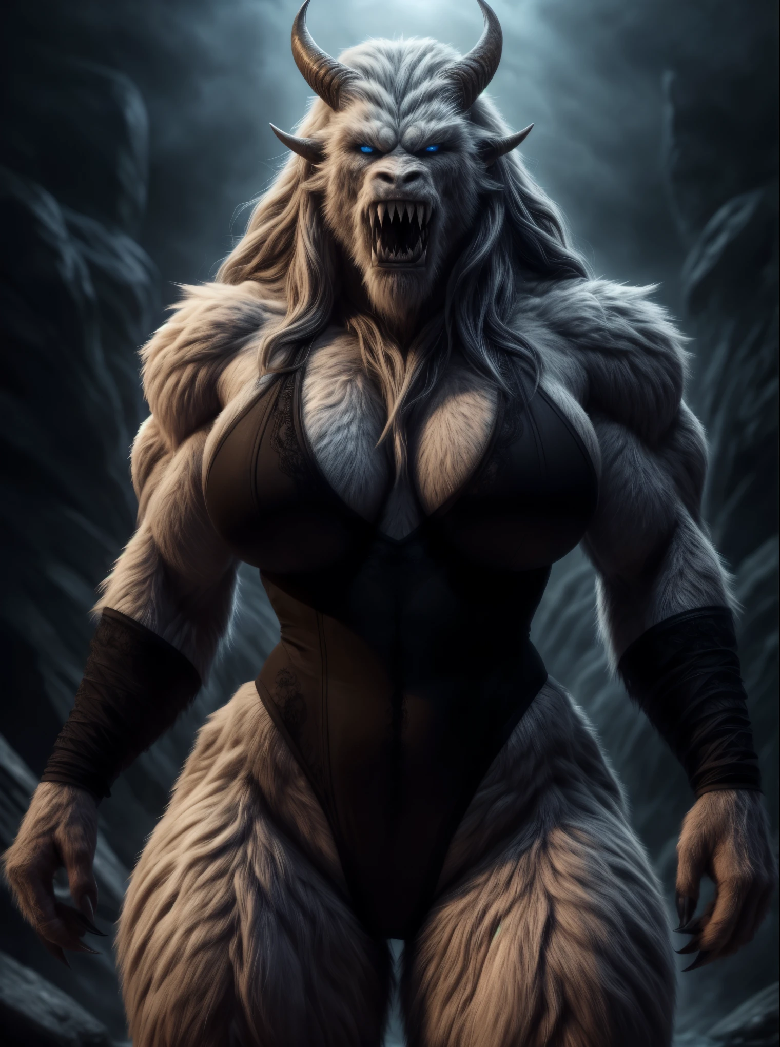 "(best quality, highres, realistic:1.37), photorealistic portrait, woman transformed into a yeti monster, black lace highcut leotard, large busty breasts, super muscular body, curvy figure, broad hips, fur covering the body, long flowing hair, sharp claws, intimidating sharp teeth, strong jaws, imposing horns, piercing blue eyes, dramatic lighting"