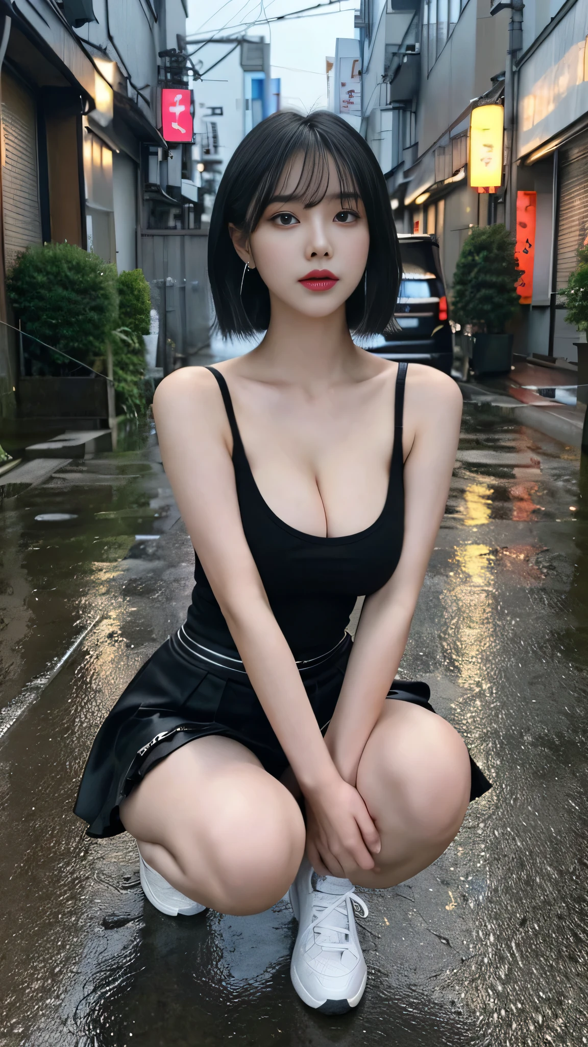 cyber punk,masterpiece, highest quality, masterpiece, shape, Realistic, photo-Realistic, wonderful, finely, Very detailed, High resolution, Very detailed, unity 8k wallpaper, Full body shot of a beautiful young woman with Korean-style features resembling a popular actress. Black T-shirt, skirt, Knee-high, White sneakers, Small breasts, thin, Her exposed skin glistens with heavy raindrops.. She has pink and bluish eyeshadow, bangs, blonde, short hair, head, and arms. Standing and looking at me, Tokyo&#39;narrow street, Heavy rain and puddles reflecting. Uses ray tracing and volumetric lighting. Narrow eyes, Long and narrow eye shape, Three white eyes, Confident expression, Evil look, Very slender and beautiful legs, Beautiful and thin thighs, Earrings, Squat