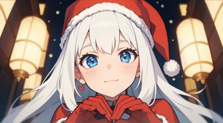 A girl dressed in a Christmas costume, white hair, making a heart with her hands, cute and caring face, blue eyes, 2D anime