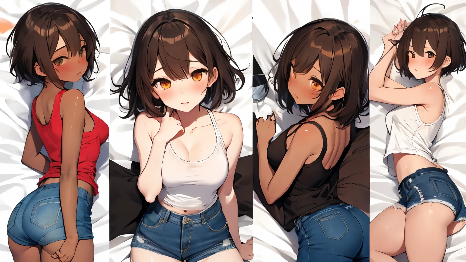 2D，highest quality，(masterpiece)，(whole body)，Aya Shameimaru，Black Hair，(short hair)，1 female，ear，(Healthy brown skin:1.6), Shiny skin，Sunburn，(light brown skin:1.5),（Denim hot pants），Tank top，barefoot，barefoot，Sexy bare legs，Attractive thighs，Butt，Total，Bedroom，On the bed，Get drunk with liquor，Sweat，Superior，cheeks are bright red，Get a good night's sleep，Sleeping on your stomach，Sleeping face like an angel，Cute with bruises，erotic，I feel it，Denim hot pants，night，Breathe heavily，Sexy as a little devil，I love you、Angle shot from directly above