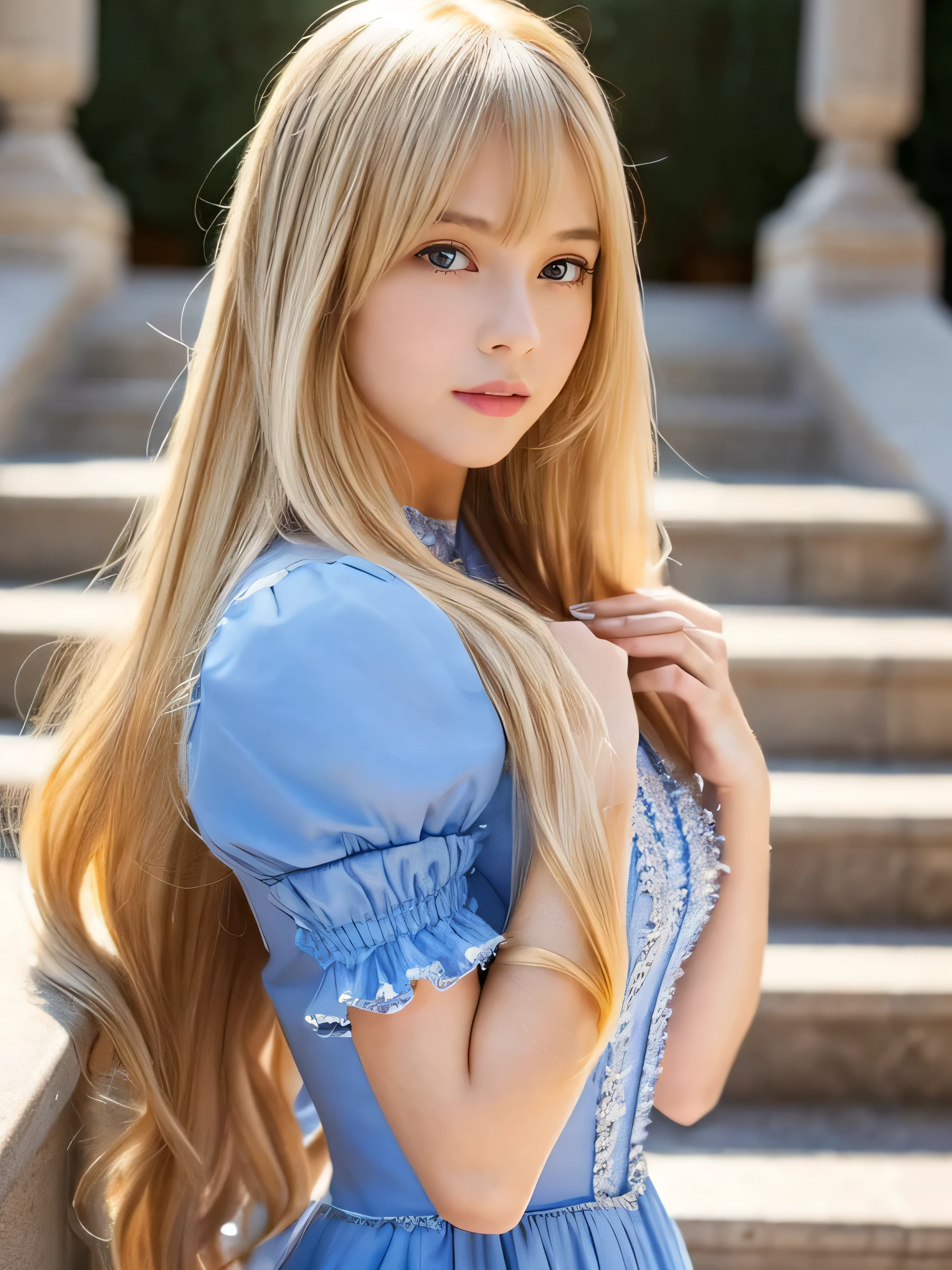 ((Full Shot:1.3)) (big 1.4) Beautiful Fantasy Girl ((highest quality)), ((masterpiece)), (Get used to it), Perfect Face (1 girl) (French) (She 、The cutest teen in France.) ((highest quality)), ((masterpiece)), length blonde hair length, shining golden hair,Golden Silky Hair, Straight blonde hair, length blonde straight hair, Perfect Silky Straight Hair, Straight blonde hair, length blonde hair, Her hair is long and straight, detailed length blonde hair ((big 1.4)) Super Long Hair down to the ankles ((Neat bangs The neatly trimmed bangs are princess cut and cover the entire forehead.......))... bright crimson lips good, Anatomically correct hand Thin fingers Anatomically correct five fingers Sexy professional makeup Beautiful French girl face, French facial features, Long Hair shiny Long Hair, length, shining golden hair, length, Straight Golden Hair, Her hair is long and straight, Super Long Hair girl, Silky Hair, length blonde hair, Silky Hair, length, Flat Hair, Silky texture, Long Hair, length, flowing blonde hair, thin and shiny hair Anatomically correct、White beautiful human skin and detail of hands and fingers Beautiful Eyes Mouth Details the corners of the mouth rise slightly Cool look (The eyebrows are dark brown in color) (She is wearing the gorgeous blue dress worn by Cinderella in the live-action version. Disney Color Photos、tumbler、Renaissance、Cinderella、She is wearing a gorgeous Victorian blue dress.) (It is a high quality palace...)
