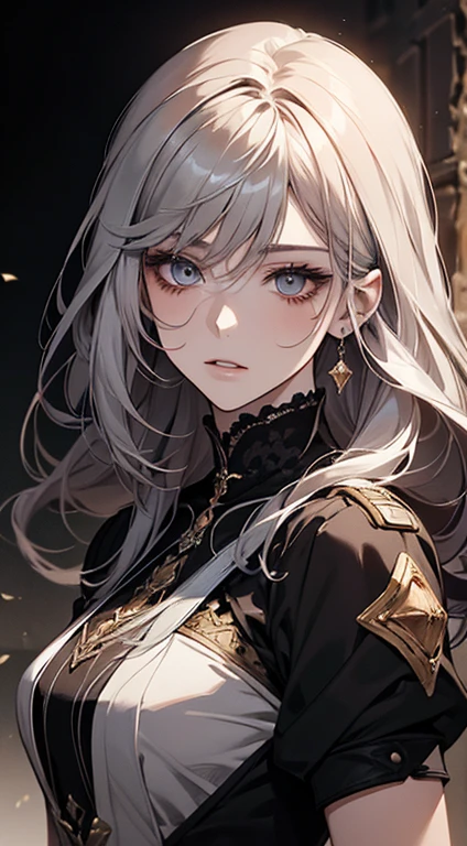 A painting of a woman  gray hair black and an orange top, stunning anime face portrait, beautiful character painting, beautiful anime portrait, her image is rendered by red paint, presenting a stunning effect. The painting is very detailed, depicting women's faces and clothing. Her face has a creamy dripping effect, which makes the whole face more vivid. She wears a beautiful detailed outfit with pale gray hair. The proportions are accurate, and the costumes of the female characters are traditionally dressed, showing a classical charm.