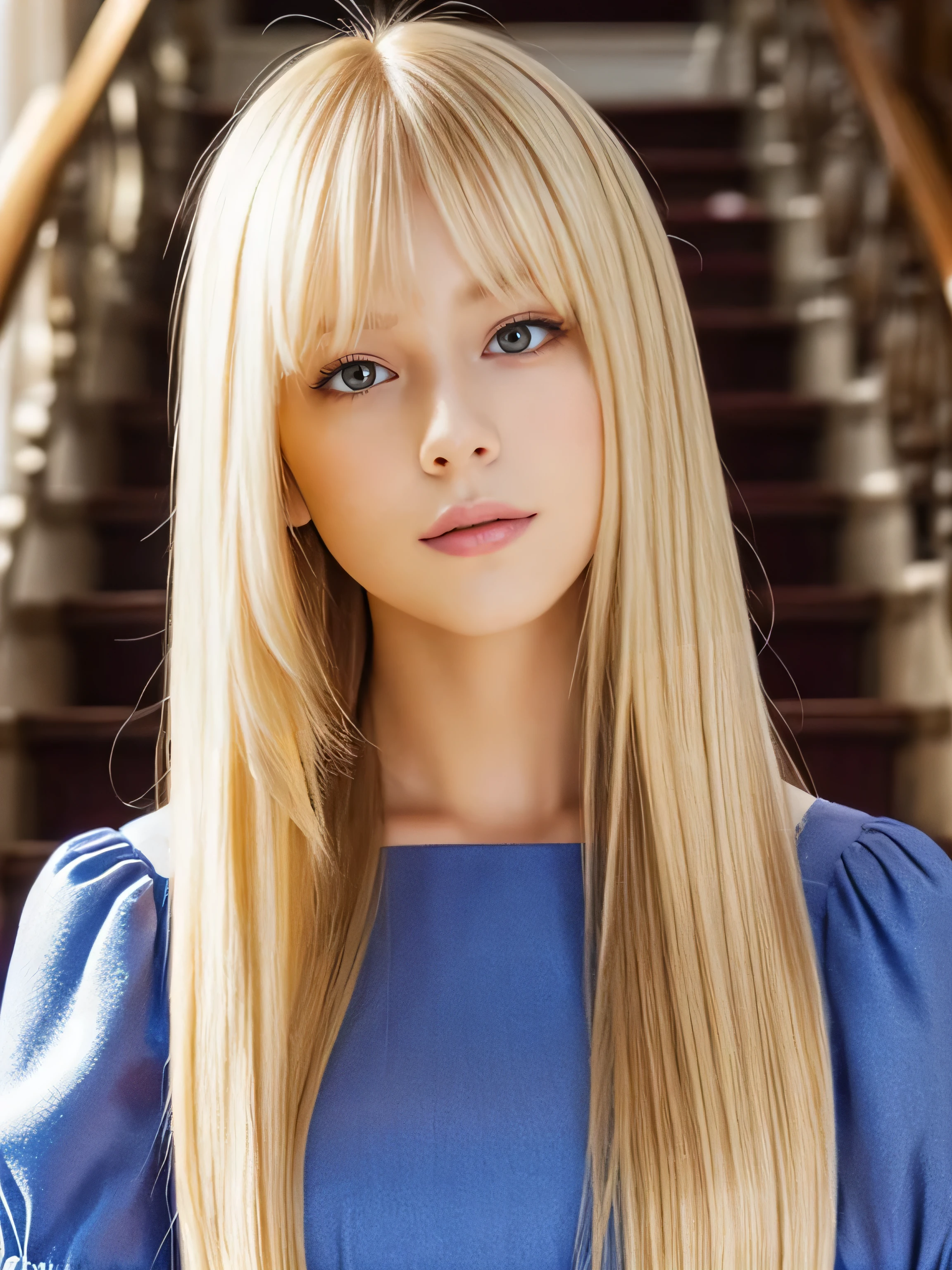 ((Full Shot:1.3)) (big 1.4) Beautiful Fantasy Girl ((highest quality)), ((masterpiece)), (Get used to it), Perfect Face (1 girl) (French) (She is 15 years old、The cutest teen in France.) ((highest quality)), ((masterpiece)), length blonde hair length, shining golden hair,Golden Silky Hair, Straight blonde hair, length blonde straight hair, Perfect Silky Straight Hair, Straight blonde hair, length blonde hair, Her hair is long and straight, detailed length blonde hair ((big 1.4)) Super Long Hair down to the ankles ((Neat bangs The neatly trimmed bangs are princess cut and cover the entire forehead.......))... bright crimson lips good, Anatomically correct hand Thin fingers Anatomically correct five fingers Sexy professional makeup Beautiful French girl face, French facial features, Long Hair shiny Long Hair, length, shining golden hair, length, Straight Golden Hair, Her hair is long and straight, Super Long Hair girl, Silky Hair, length blonde hair, Silky Hair, length, Flat Hair, Silky texture, Long Hair, length, flowing blonde hair, thin and shiny hair Anatomically correct、White beautiful human skin and detail of hands and fingers Beautiful Eyes Mouth Details the corners of the mouth rise slightly Cool look (The eyebrows are dark brown in color) (She is wearing the gorgeous blue dress worn by Cinderella in the live-action version. Disney Color Photos、tumbler、Renaissance、Cinderella、She is wearing a gorgeous Victorian blue dress.) (It is a high quality palace...)