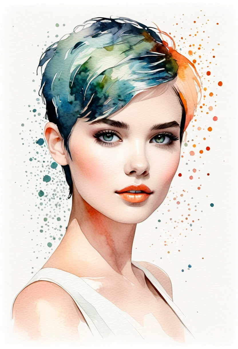chica de pelo corto pixie arte moderno, minimalismo, contemporary elegance, dreamcore, moda elegante , fusion of watercolor and digital illustration, colores limpios, minimalistas y vibrantes