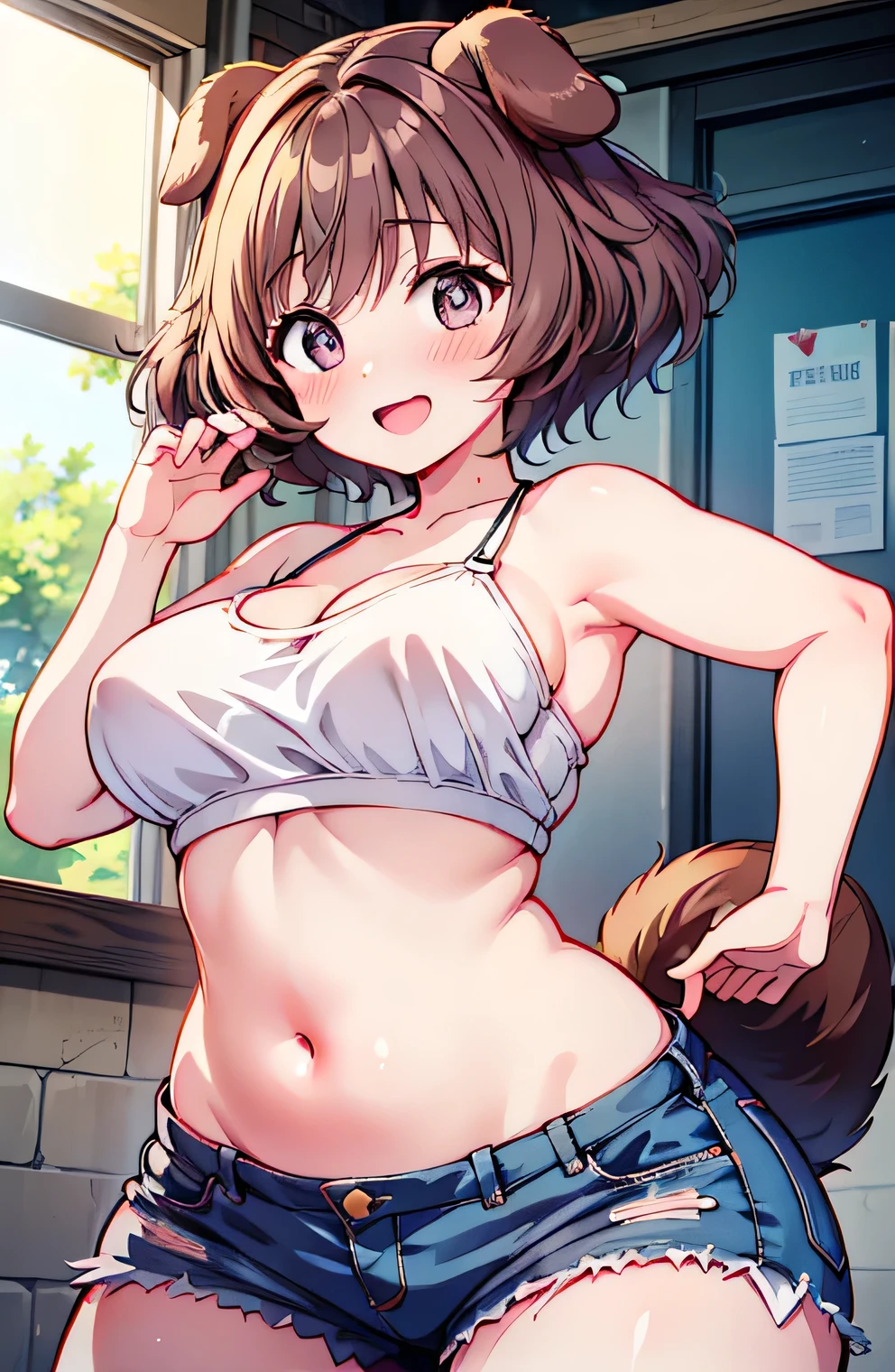 Anime illustration、highest quality、A short and voluptuous high school girl idol、Sporty tube top、hot pants、Dog park、Landing the butt mochi、Perfect proportions、overwhelmingly big breasts、Beautiful, shining eyes、Blushed、smile、Cowboy Shot、Dangerous Beast