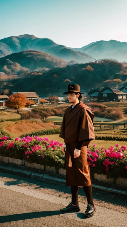 brown, rich colors, monochromatic, midday, full body shot, retrowave, in the village, delightful, landscape, samurai