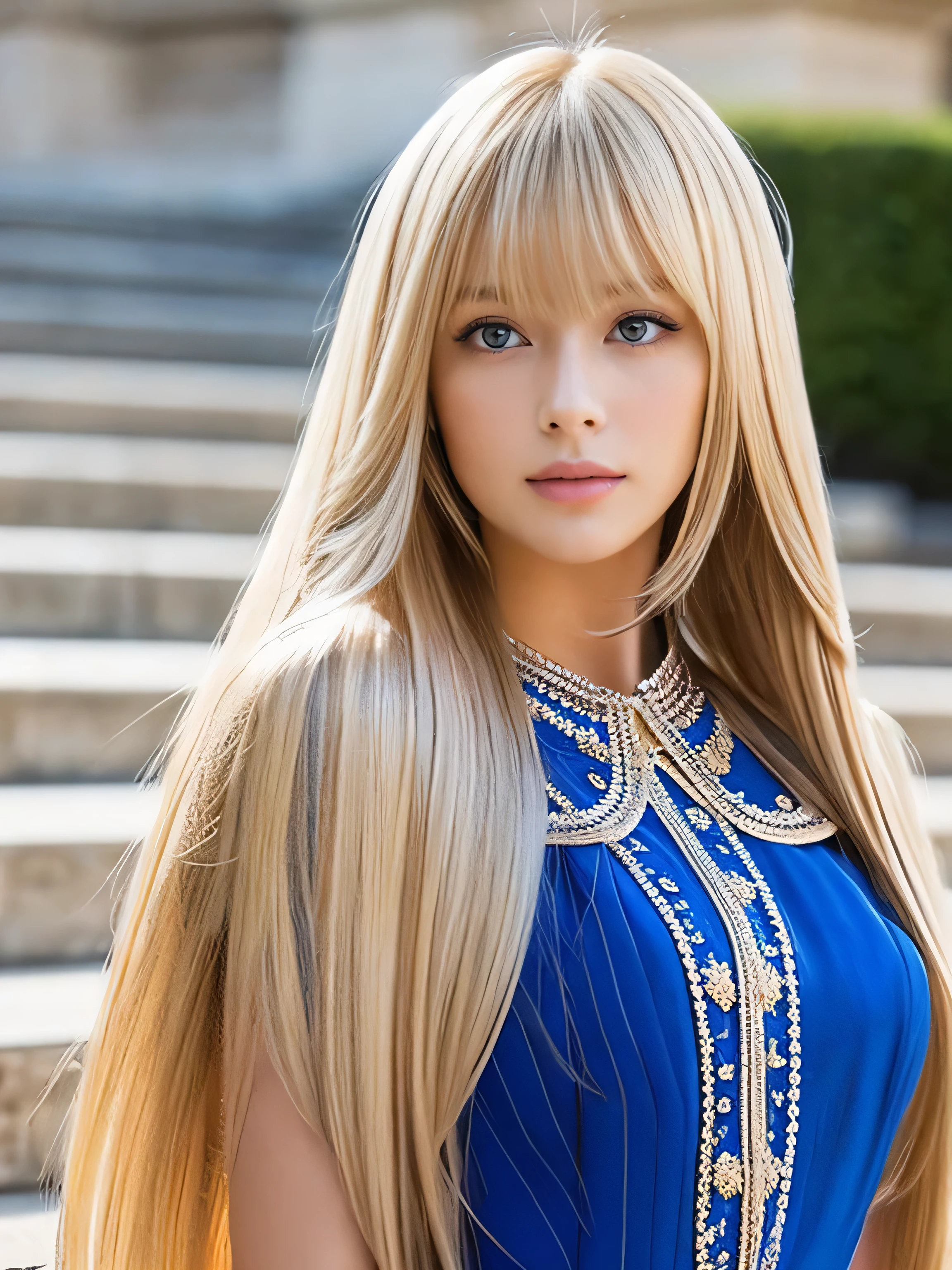 ((Full Shot:1.3)) (big 1.4) Beautiful Fantasy Girl ((highest quality)), ((masterpiece)), (Get used to it), Perfect Face (1 girl) (French) (She is 15 years old、The cutest teen in France.) ((highest quality)), ((masterpiece)), length blonde hair length, shining golden hair,Golden Silky Hair, Straight blonde hair, length blonde straight hair, Perfect Silky Straight Hair, Straight blonde hair, length blonde hair, Her hair is long and straight, detailed length blonde hair ((big 1.4)) Super Long Hair down to the ankles ((Neat bangs The neatly trimmed bangs are princess cut and cover the entire forehead.......))... bright crimson lips good, Anatomically correct hand Thin fingers Anatomically correct five fingers Sexy professional makeup Beautiful French girl face, French facial features, Long Hair shiny Long Hair, length, shining golden hair, length, Straight Golden Hair, Her hair is long and straight, Super Long Hair girl, Silky Hair, length blonde hair, Silky Hair, length, Flat Hair, Silky texture, Long Hair, length, flowing blonde hair, thin and shiny hair Anatomically correct、White beautiful human skin and detail of hands and fingers Beautiful Eyes Mouth Details the corners of the mouth rise slightly Cool look (The eyebrows are dark brown in color) (She is wearing the gorgeous blue dress worn by Cinderella in the live-action version. Disney Color Photos、tumbler、Renaissance、Cinderella、She is wearing a gorgeous Victorian blue dress.) (It is a high quality palace...)