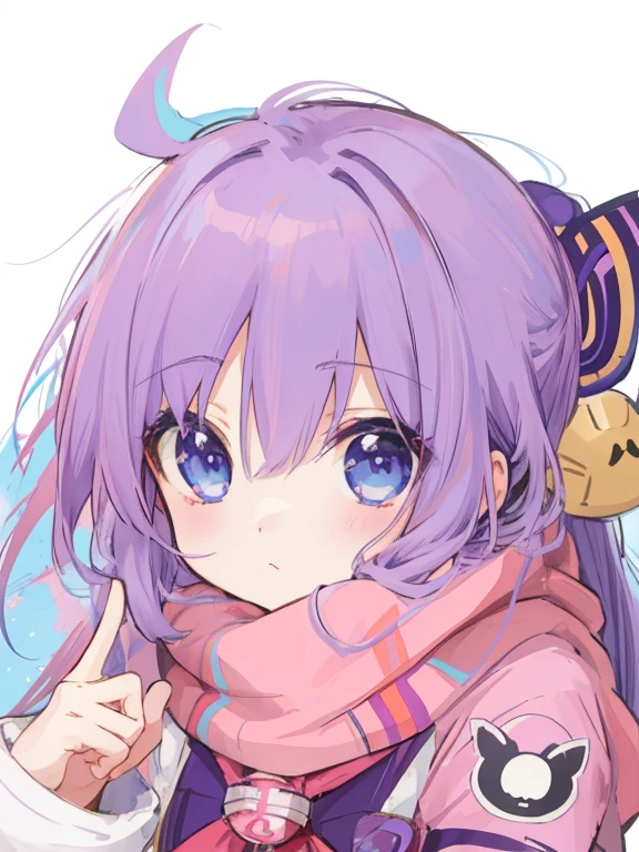 Purple colored hair、Anime characters with blue eyes and scarves, anime visual of a cute girl, anime moe art style, she has a cute expressive face, Ayaka Genshin impact, with index finger, hajime yatate, shirabii, anime girl named lucy, cute anime face, in an anime style, extremely cute anime girl face, In the anime