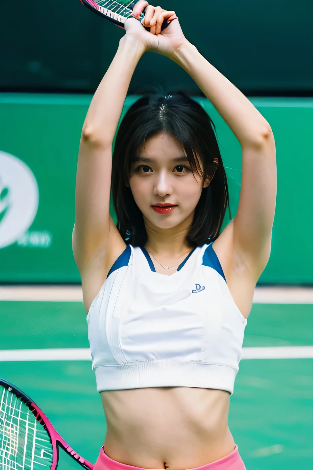 (beautiful korean female idol:1.25), (58 inch breasts size), (fleshy juicy body:1.5), (thick arms:1.5), (holding racket - playing tennis), armpit visible, wearing multicoloured micro sport bra, tennis sneakers, sweating profusely, action-do sports on the tennis court, fullbody shot, bokeh background, professional photograph, award-winning portrait, masterpiece, 8K UHD, high detail full-body view, symmetrical, Nikon D850, 85mm lens, f/1.8, depth of field, full body shot,