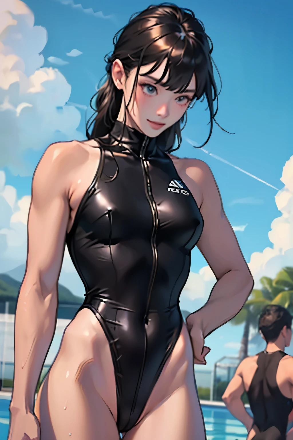 masterpiece、highest quality、High resolution、Two realistic girls、Competitive swimmer、Close-up of a person、wearing a black bodysuit、During Competitive swimmerics competitions、smile、Swimming Venues、Sexy competitive swimsuit