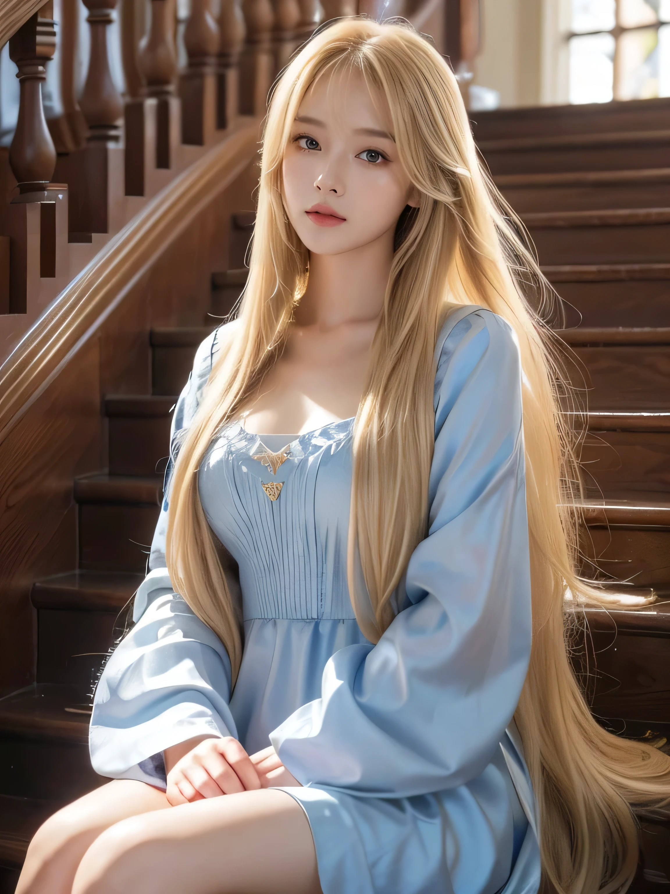 ((Full Shot:1.3)) (big 1.4) Beautiful Fantasy Girl ((highest quality)), ((masterpiece)), (Get used to it), Perfect Face (1 girl) (French) (She is 15 years old、The cutest teen in France.) ((highest quality)), ((masterpiece)), length blonde hair length, shining golden hair,Golden Silky Hair, Straight blonde hair, length blonde straight hair, Perfect Silky Straight Hair, Straight blonde hair, length blonde hair, Her hair is long and straight, detailed length blonde hair ((big 1.4)) Super Long Hair down to the ankles ((Neat bangs The neatly trimmed bangs are princess cut and cover the entire forehead.......))... bright crimson lips good, Anatomically correct hand Thin fingers Anatomically correct five fingers Sexy professional makeup Beautiful French girl face, French facial features, Long Hair shiny Long Hair, length, shining golden hair, length, Straight Golden Hair, Her hair is long and straight, Super Long Hair girl, Silky Hair, length blonde hair, Silky Hair, length, Flat Hair, Silky texture, Long Hair, length, flowing blonde hair, thin and shiny hair Anatomically correct、White beautiful human skin and detail of hands and fingers Beautiful Eyes Mouth Details the corners of the mouth rise slightly Cool look (The eyebrows are dark brown in color) (She is wearing the gorgeous blue dress worn by Cinderella in the live-action version. Disney Color Photos、tumbler、Renaissance、Cinderella、She is wearing a gorgeous Victorian blue dress.) (This is a 16th century European town.)