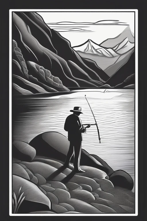 A old man in center of image, fishing rod in hand, large mordern boat, river between mountains, small and large rocks, waterfall in background, only outline used, outline, black and white, datails of frame, day shunshine, sun between clouds, no color (coloring book), just the drawing lines, free line, sketch style, no background, clean lines.