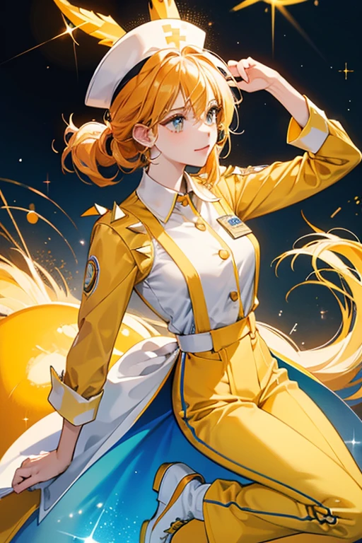 She is a yellow  with a spiky orange  and yellow and orange. She wears a white nurse's hat and shirt with a blue collar, along with blue pants and white shoes. SPARKLE; GLITTER