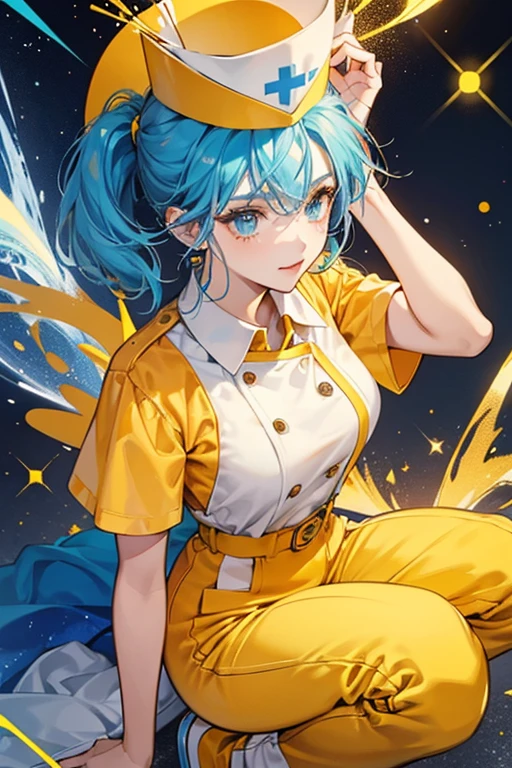 She is a yellow  with a spiky orange  and yellow and orange. She wears a white nurse's hat and shirt with a blue collar, along with blue pants and white shoes. SPARKLE; GLITTER