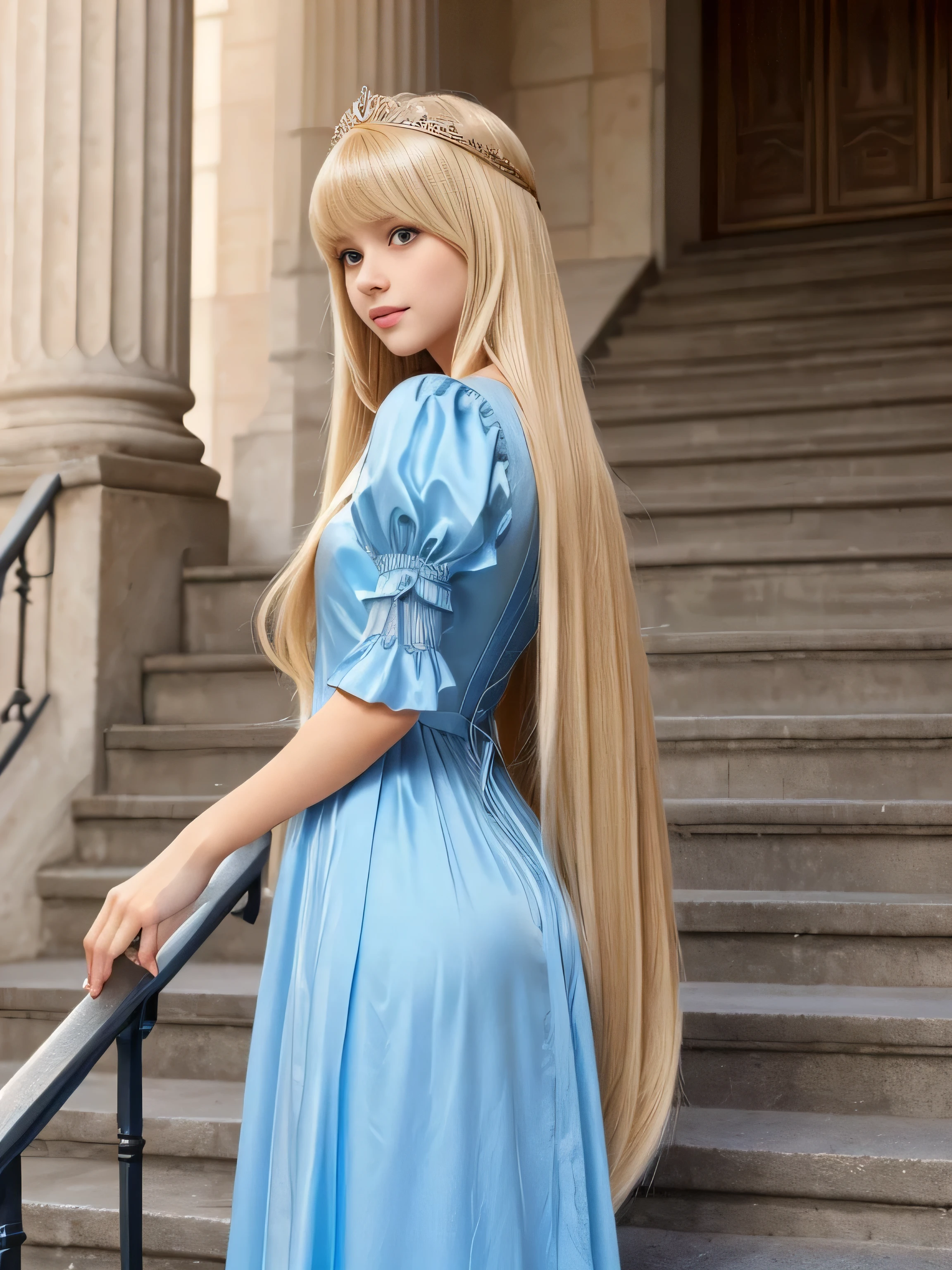 A woman with long blonde hair wearing a blue dress and tiable - SeaArt AI