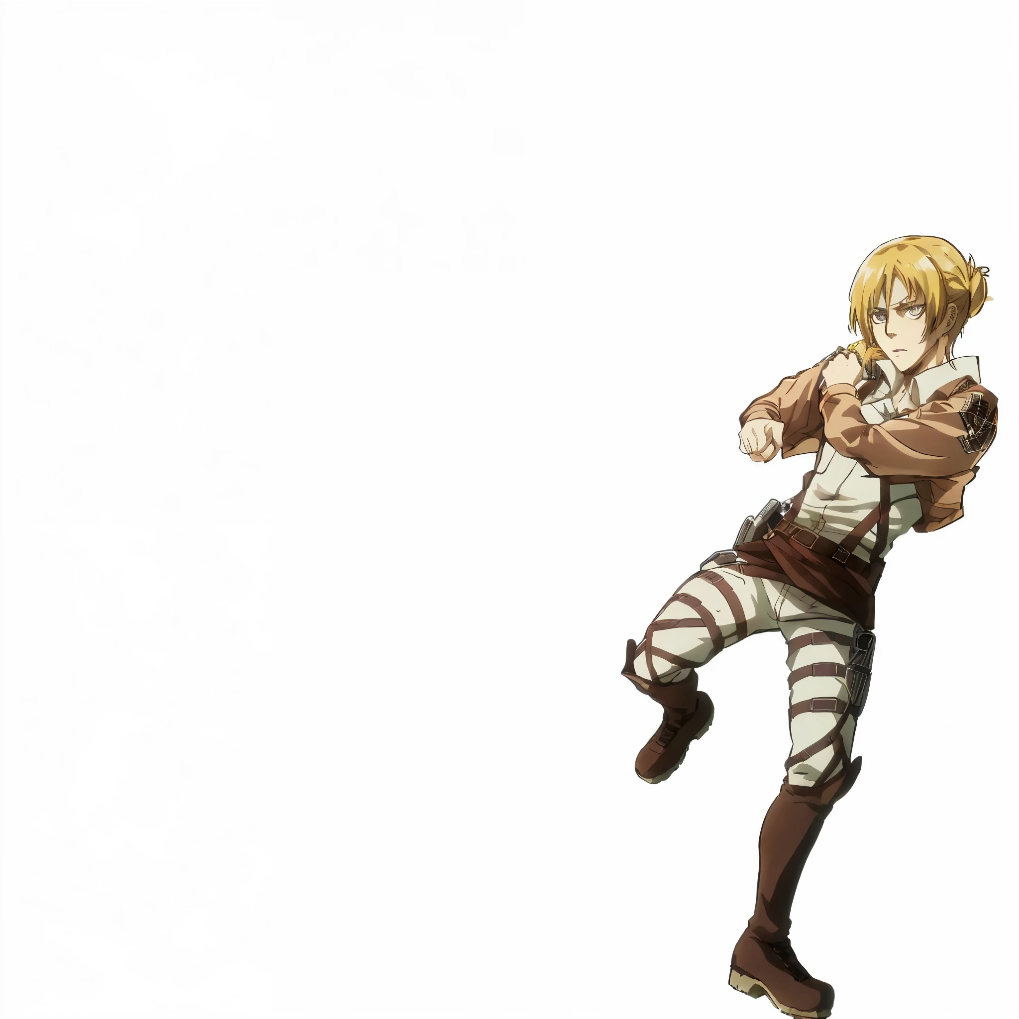 attack on titan anime, shot, 1girl, about to kick, annie leonhart, character design, blank background, detailed,cinematic, 4k