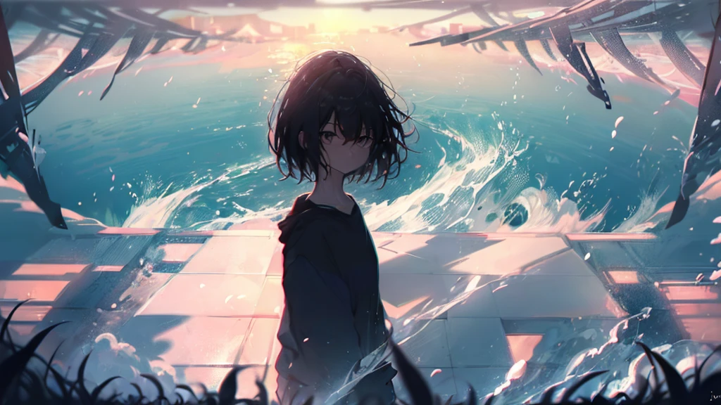 Product illustration for Girl in the Wind,cherry blossoms,In water,water,black hair,short bob,white skin,Pale complexion,Light skin tone,face forward,Are standing