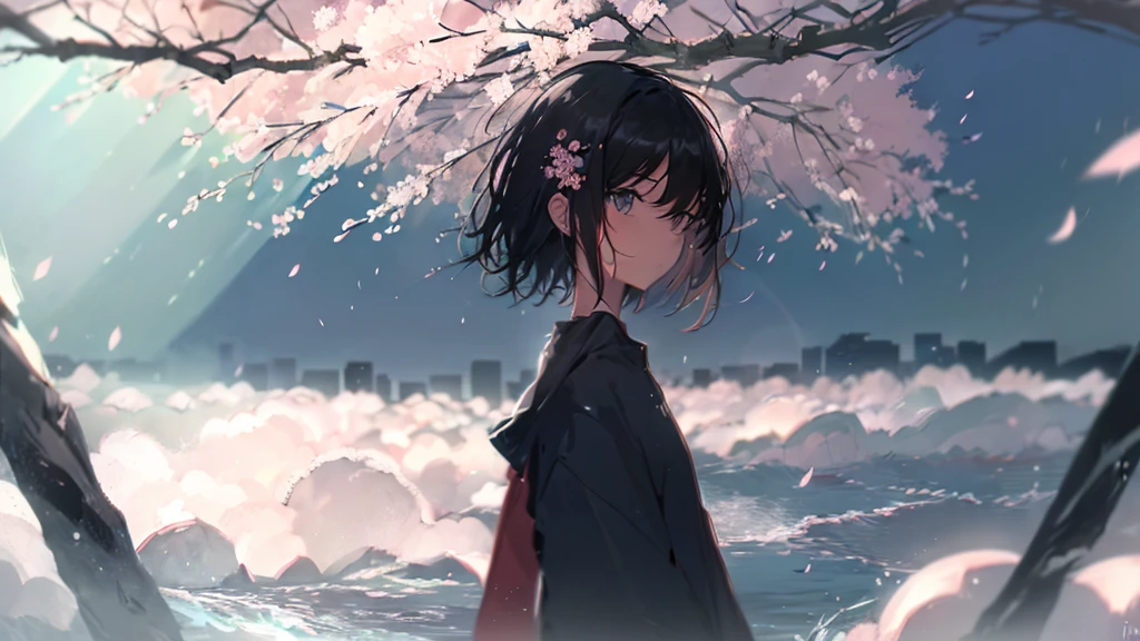 Product illustration for Girl in the Wind,cherry blossoms,In water,water,black hair,short bob,white skin,Pale complexion,Light skin tone,face forward,Are standing